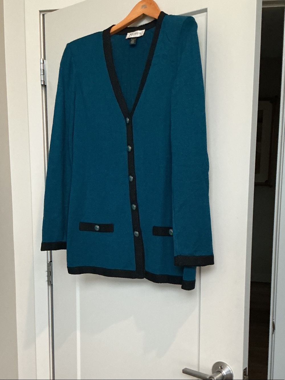 St. John Collection Teal Cardigan with Black Trim